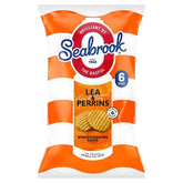 A bag of Seabrook - Worcestershire Sauce Flavour contains six 25g packs and features orange and white stripes.